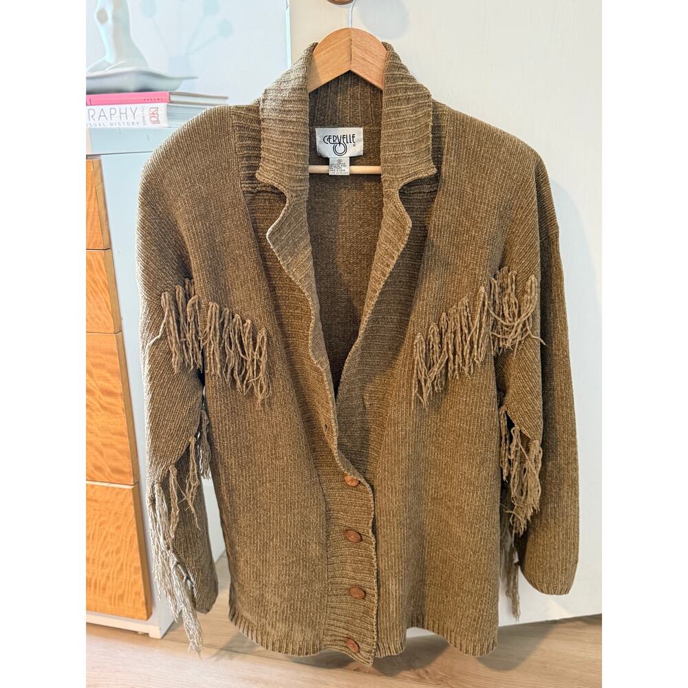 Vintage‎ Cervelle Fringe Cardigan ✨ 90s Brown Textured Knit Western Boho Sweater
